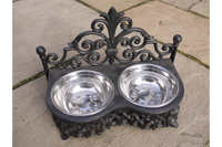 Vintage Style Cast Iron Dog Dish Holder with Feeding Bowls - Small