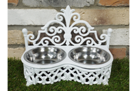 Antique Style Cast Iron White Double Dog Dish Bowl Stand -Small