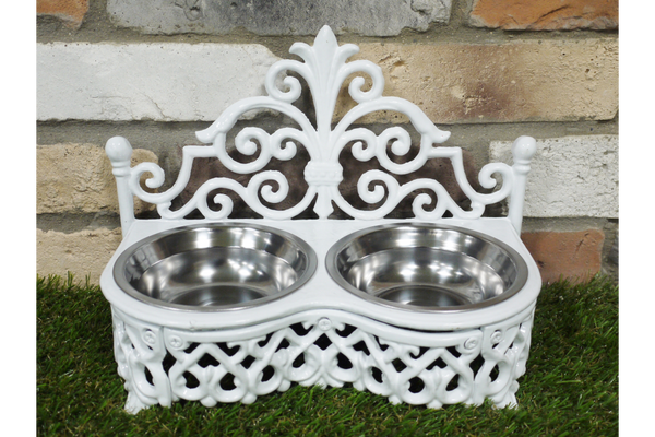 Antique Style Cast Iron White Double Dog Dish Bowl Stand -Small