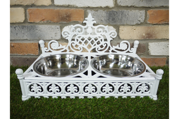 Antique Style Cast Iron White Double Dog Dish Bowl Stand