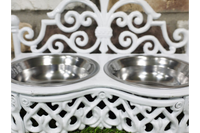 Antique Style Cast Iron White Double Dog Dish Bowl Stand -Small